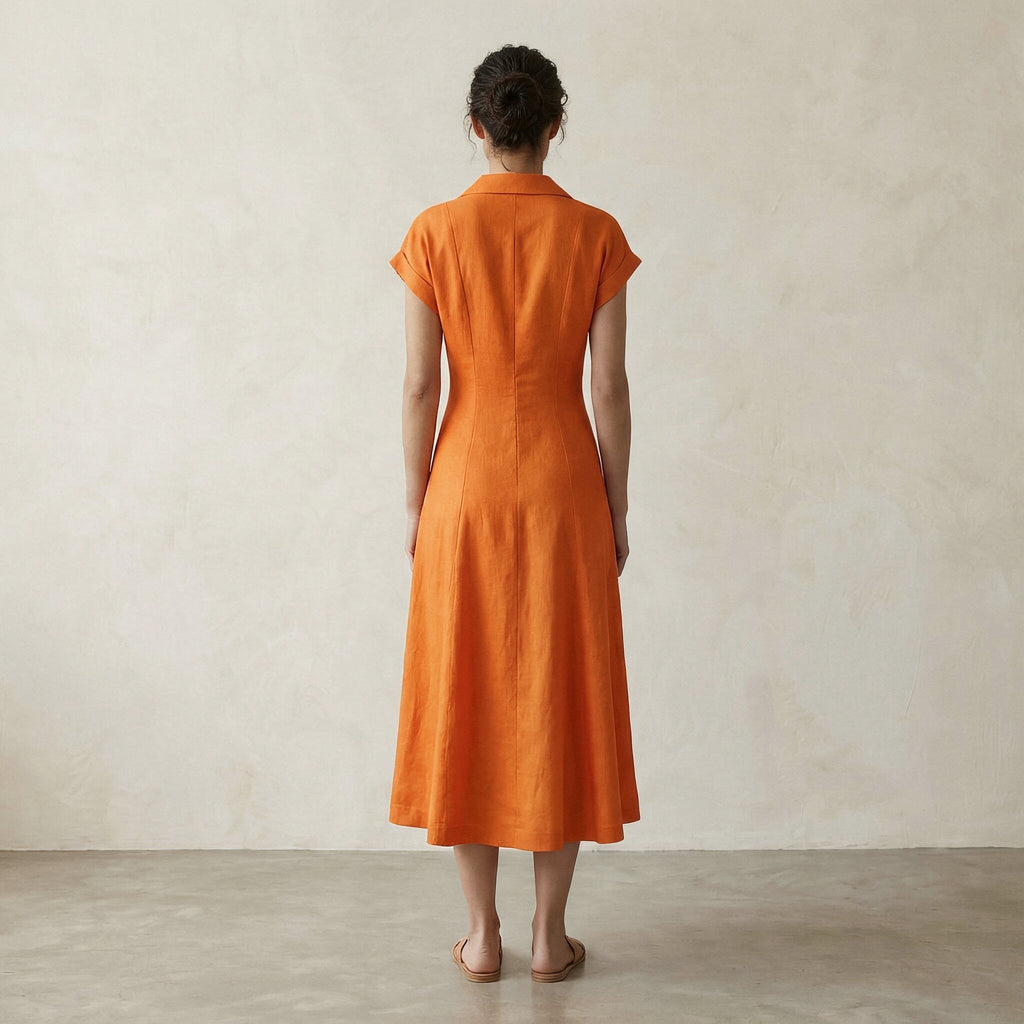 Orange Cotton Poplin Paneled A-Line Midi Dress