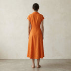 Orange Cotton Poplin Paneled A-Line Midi Dress