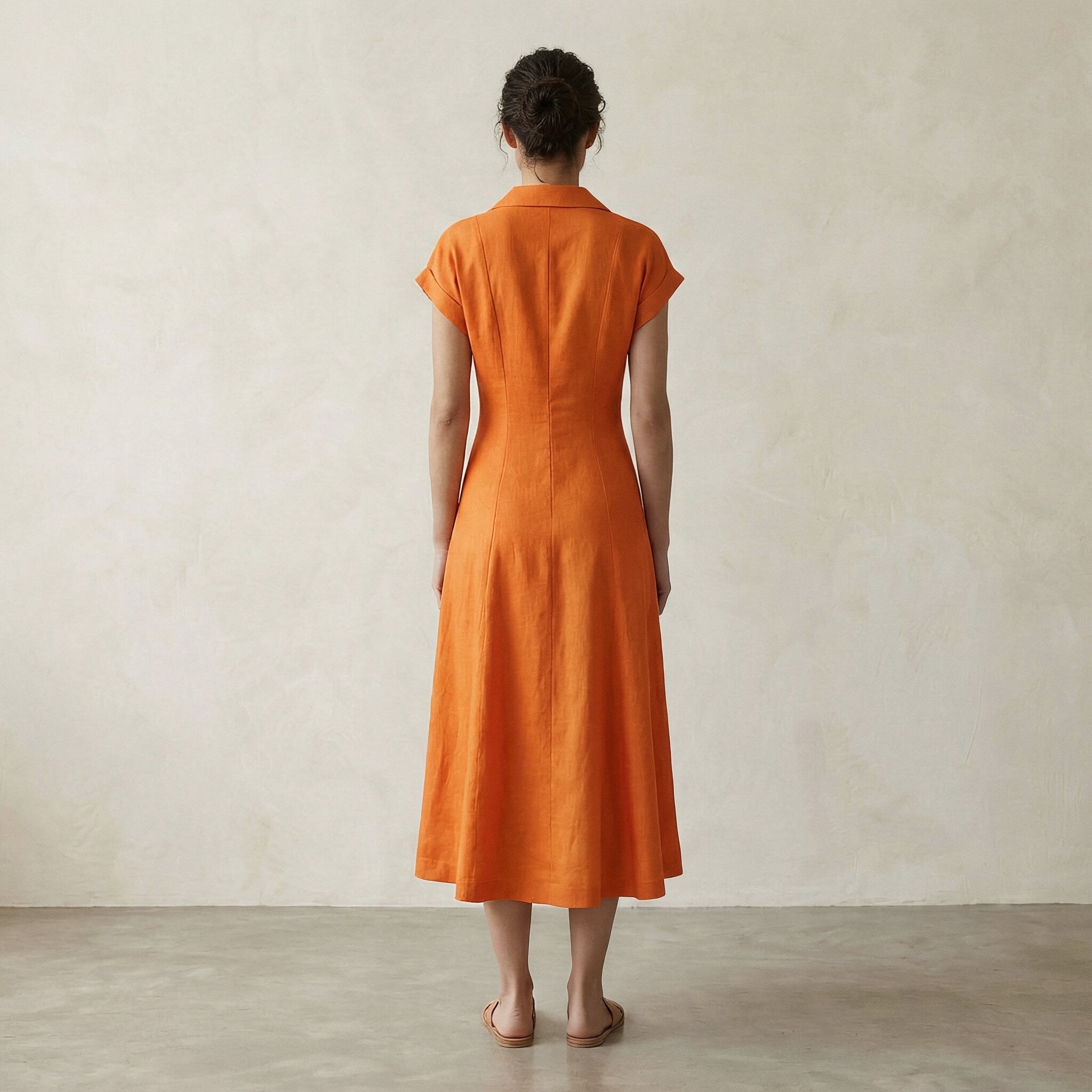 Orange Cotton Poplin Paneled A-Line Midi Dress