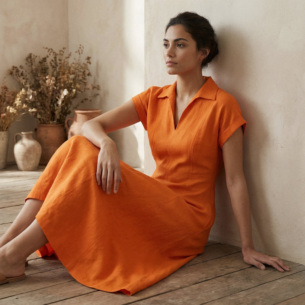 Orange Cotton Poplin Paneled A-Line Midi Dress