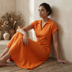 Orange Cotton Poplin Paneled A-Line Midi Dress