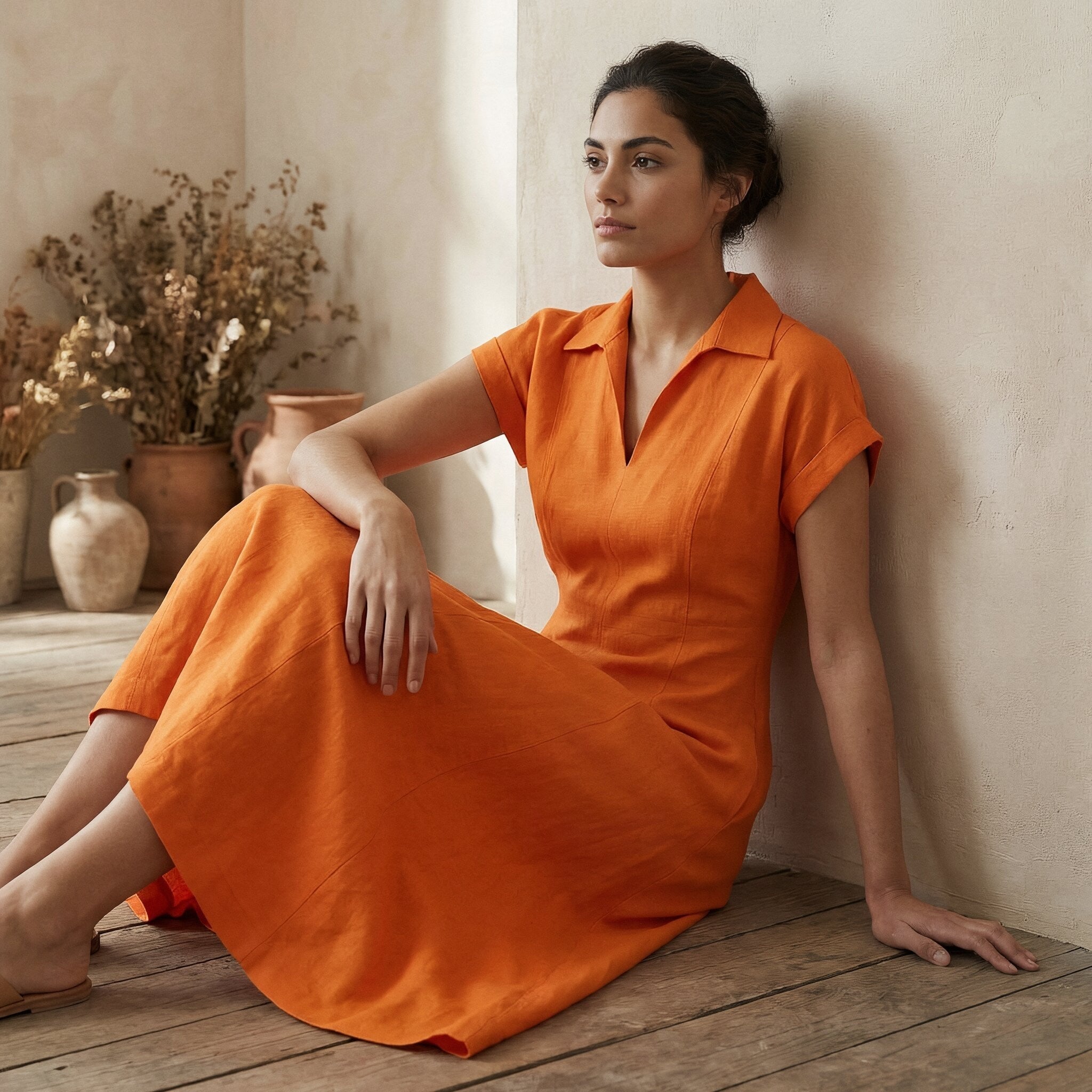 Orange Cotton Poplin Paneled A-Line Midi Dress