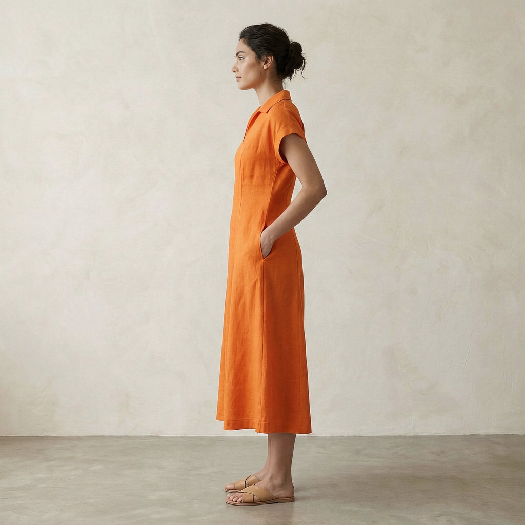 Orange Cotton Poplin Paneled A-Line Midi Dress