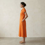 Orange Cotton Poplin Paneled A-Line Midi Dress