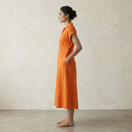 Orange Cotton Poplin Paneled A-Line Midi Dress