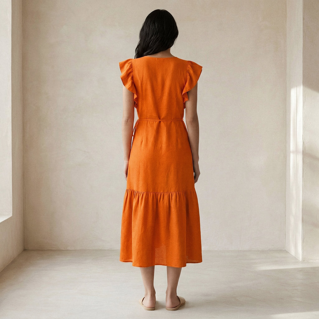 Orange Cotton Poplin Ruffle Midi Wrap Dress
