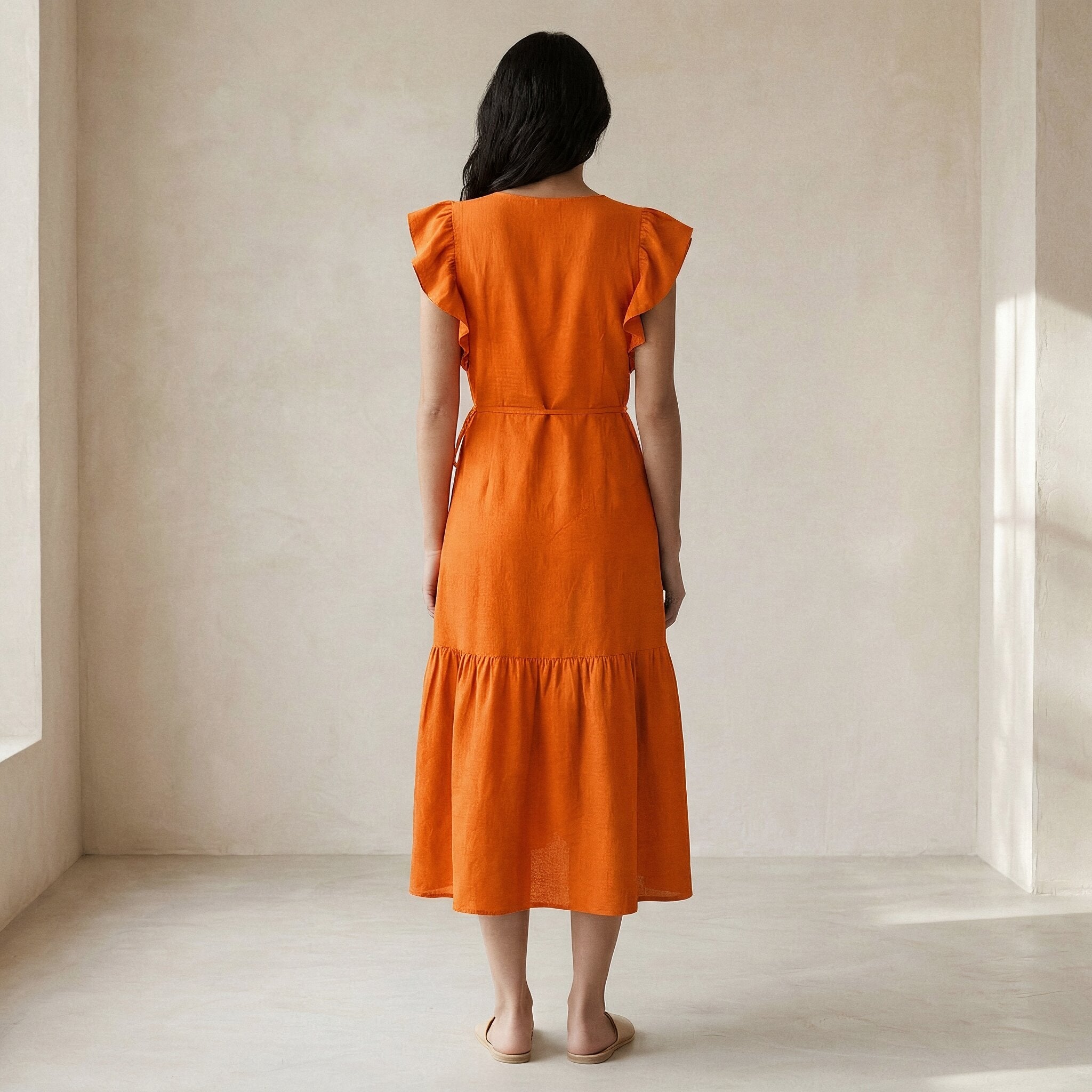 Orange Cotton Poplin Ruffle Midi Wrap Dress