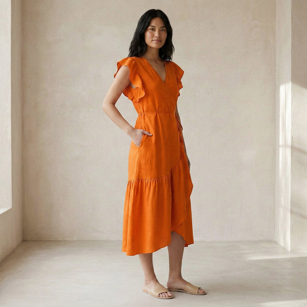 Orange Cotton Poplin Ruffle Midi Wrap Dress