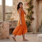 Orange Cotton Poplin Ruffle Midi Wrap Dress