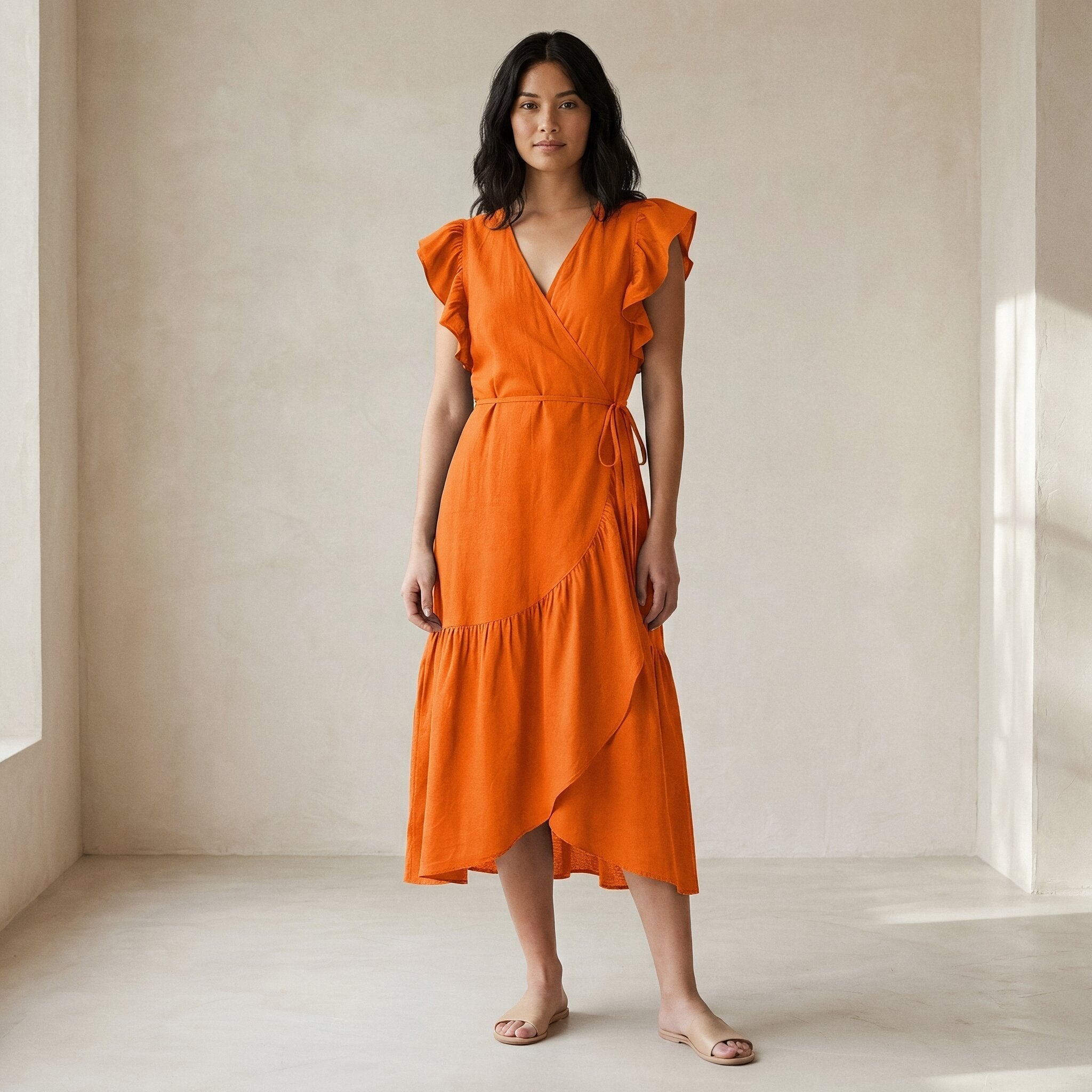 Orange Cotton Poplin Ruffle Midi Wrap Dress