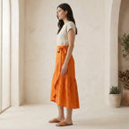 Orange Cotton Poplin Ruffle Midi Wrap Skirt