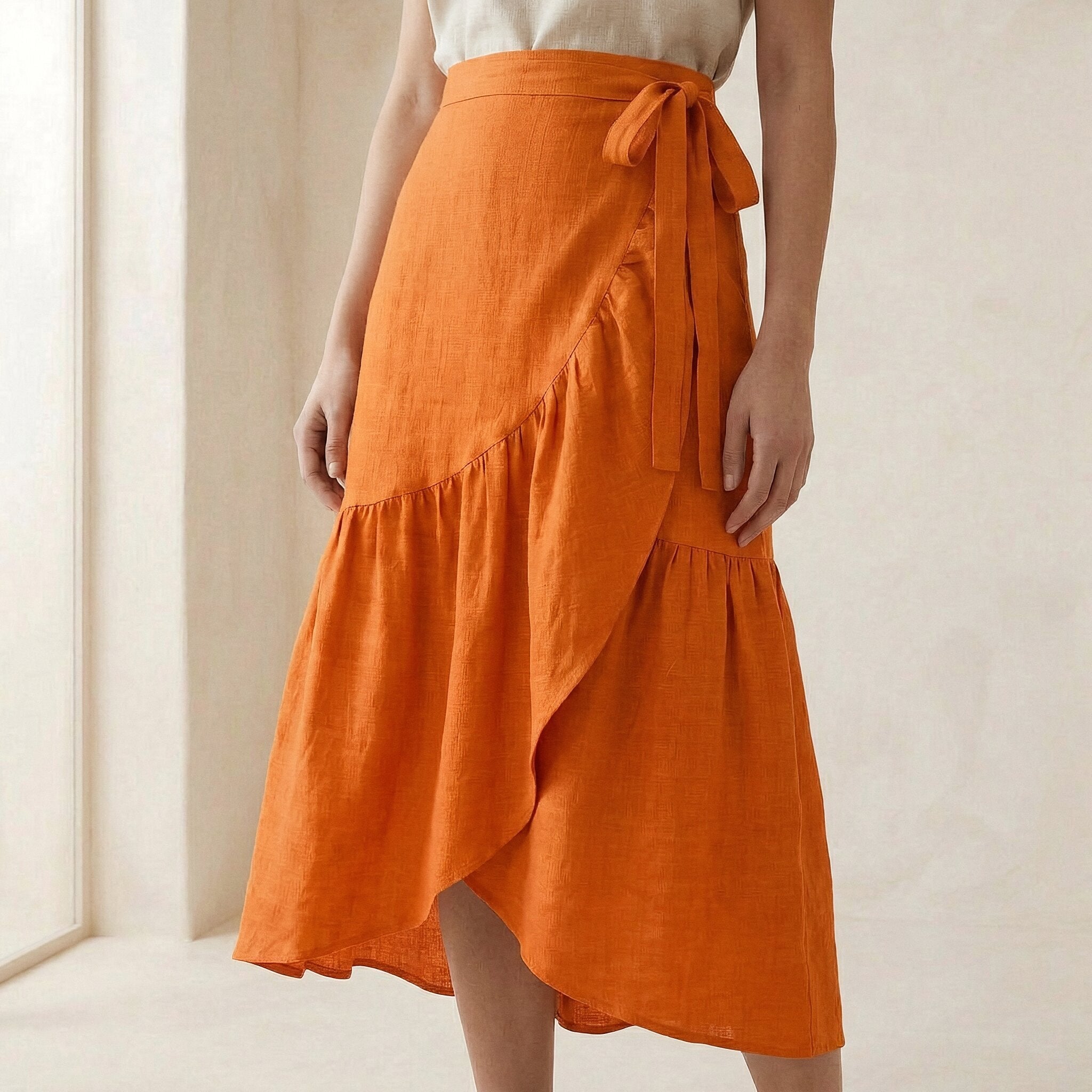 Orange Cotton Poplin Ruffle Midi Wrap Skirt