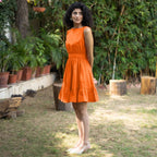 Orange Cotton Poplin Sleeveless Gathered Short Dress