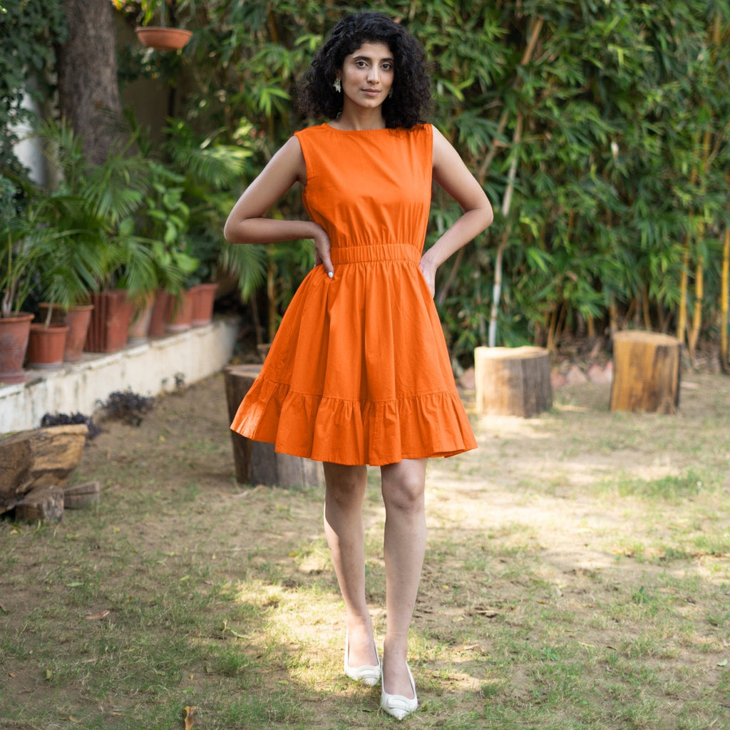 Orange Cotton Poplin Sleeveless Gathered Short Dress