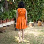 Orange Cotton Poplin Sleeveless Gathered Short Dress