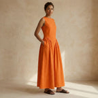 Orange Cotton Poplin Sleeveless Paneled Maxi Dress