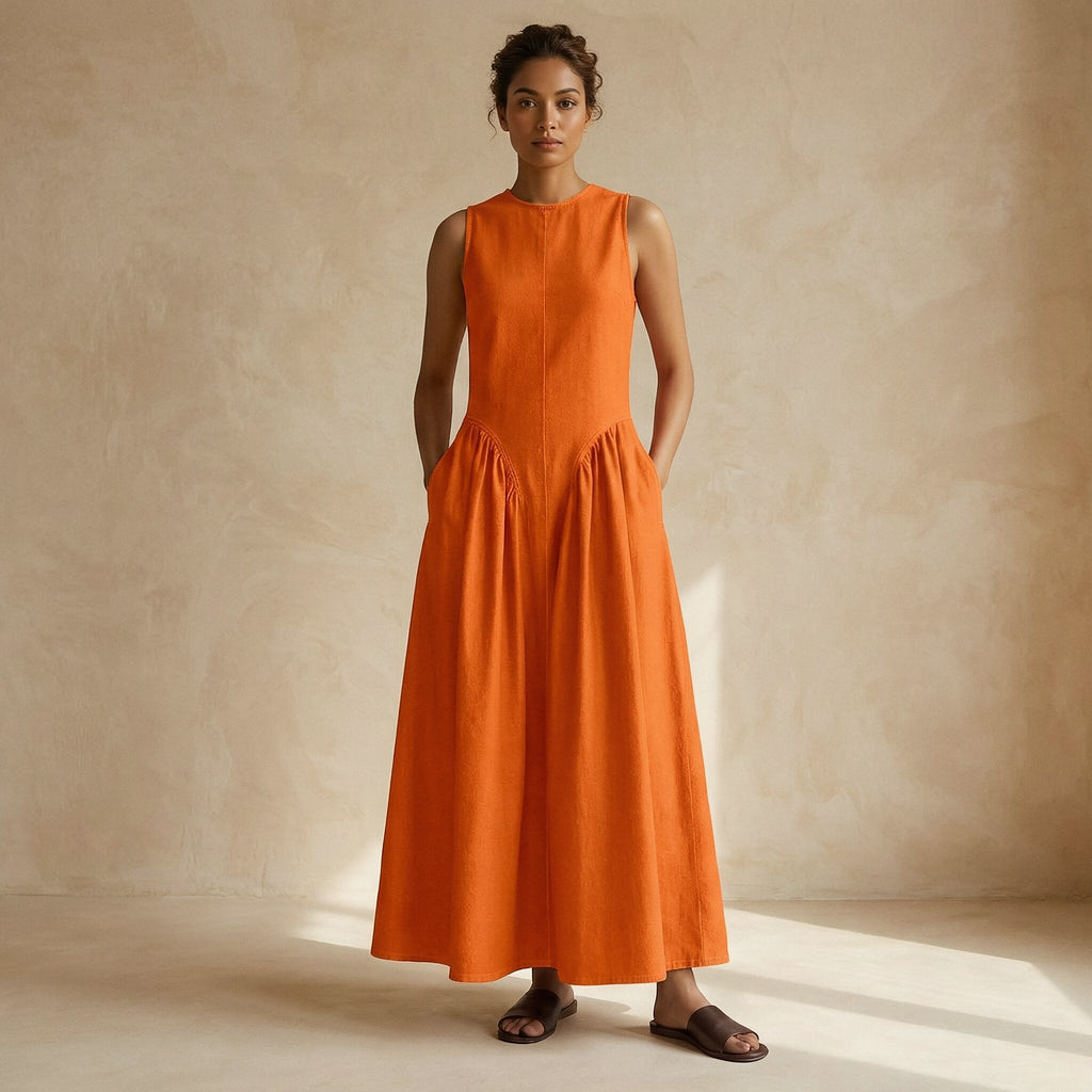 Orange Cotton Poplin Sleeveless Paneled Maxi Dress