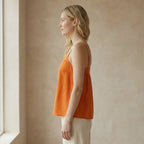 Orange Cotton Poplin Spaghetti Strap Top with Elastic Gathered Back