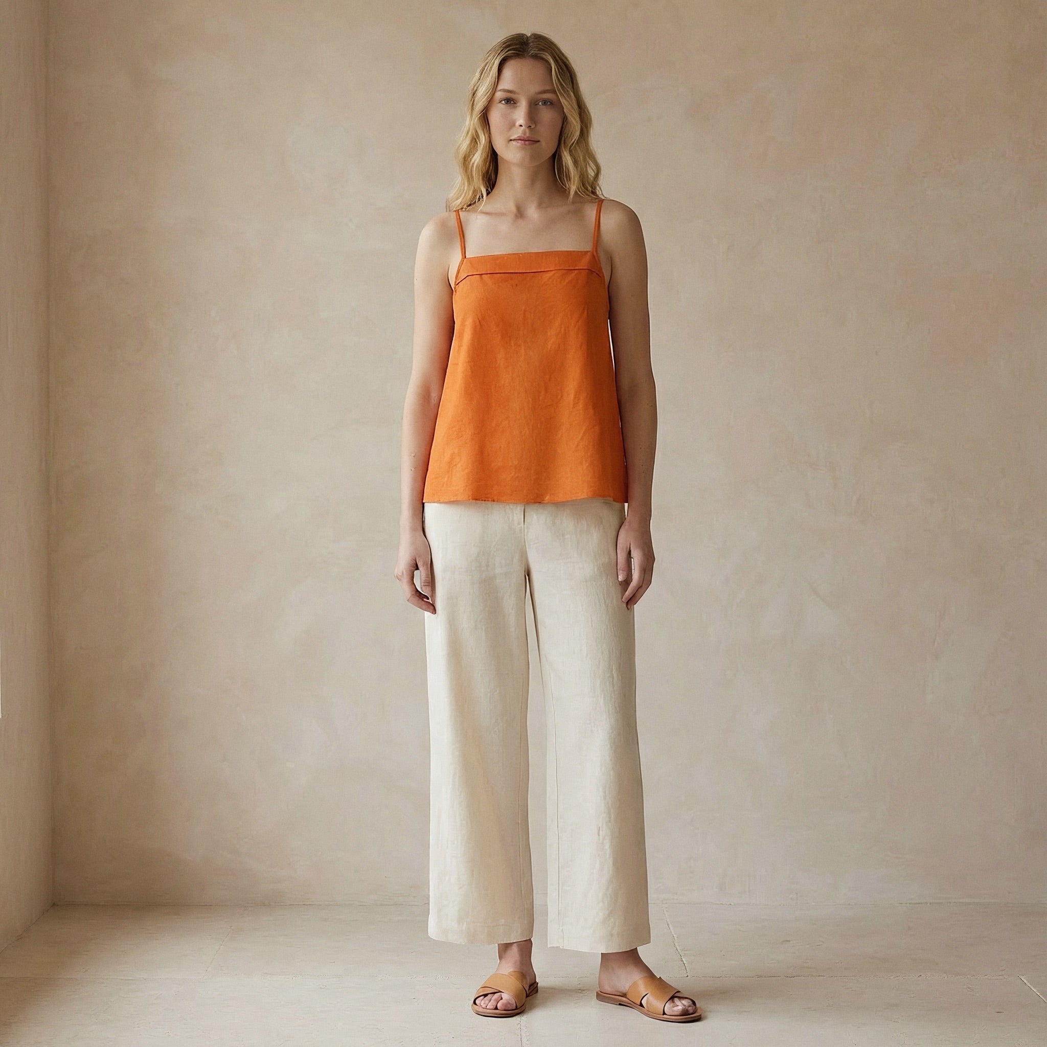 Orange Cotton Poplin Spaghetti Strap Top with Elastic Gathered Back