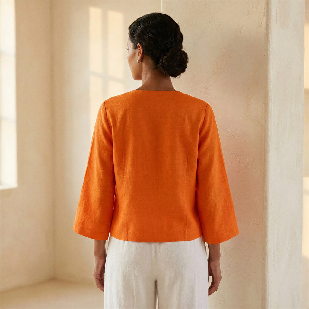 Orange Cotton Poplin Tie-Front Blouse
