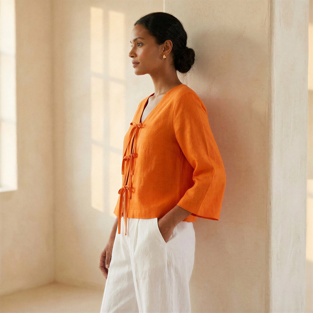 Orange Cotton Poplin Tie-Front Blouse