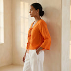 Orange Cotton Poplin Tie-Front Blouse