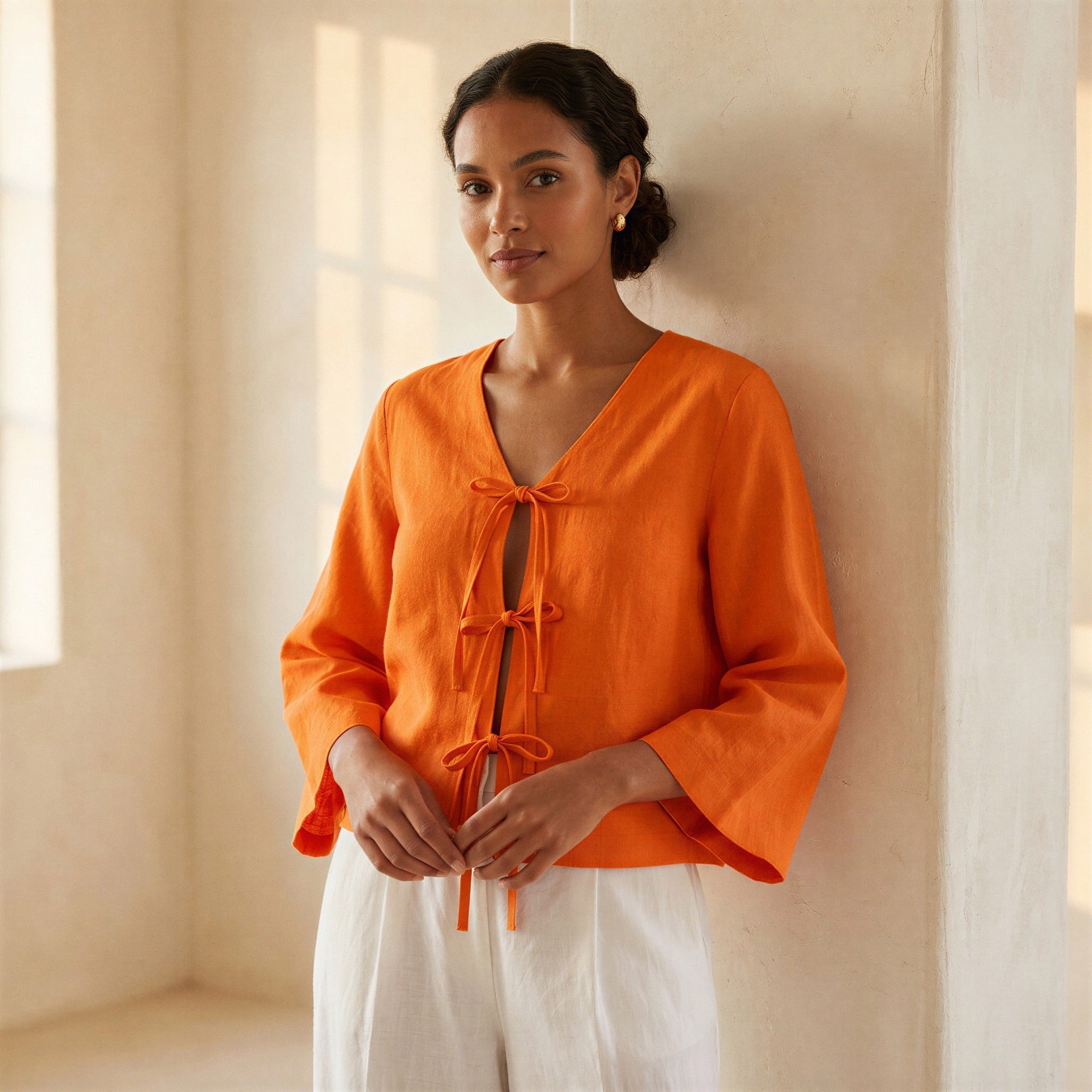 Orange Cotton Poplin Tie-Front Blouse