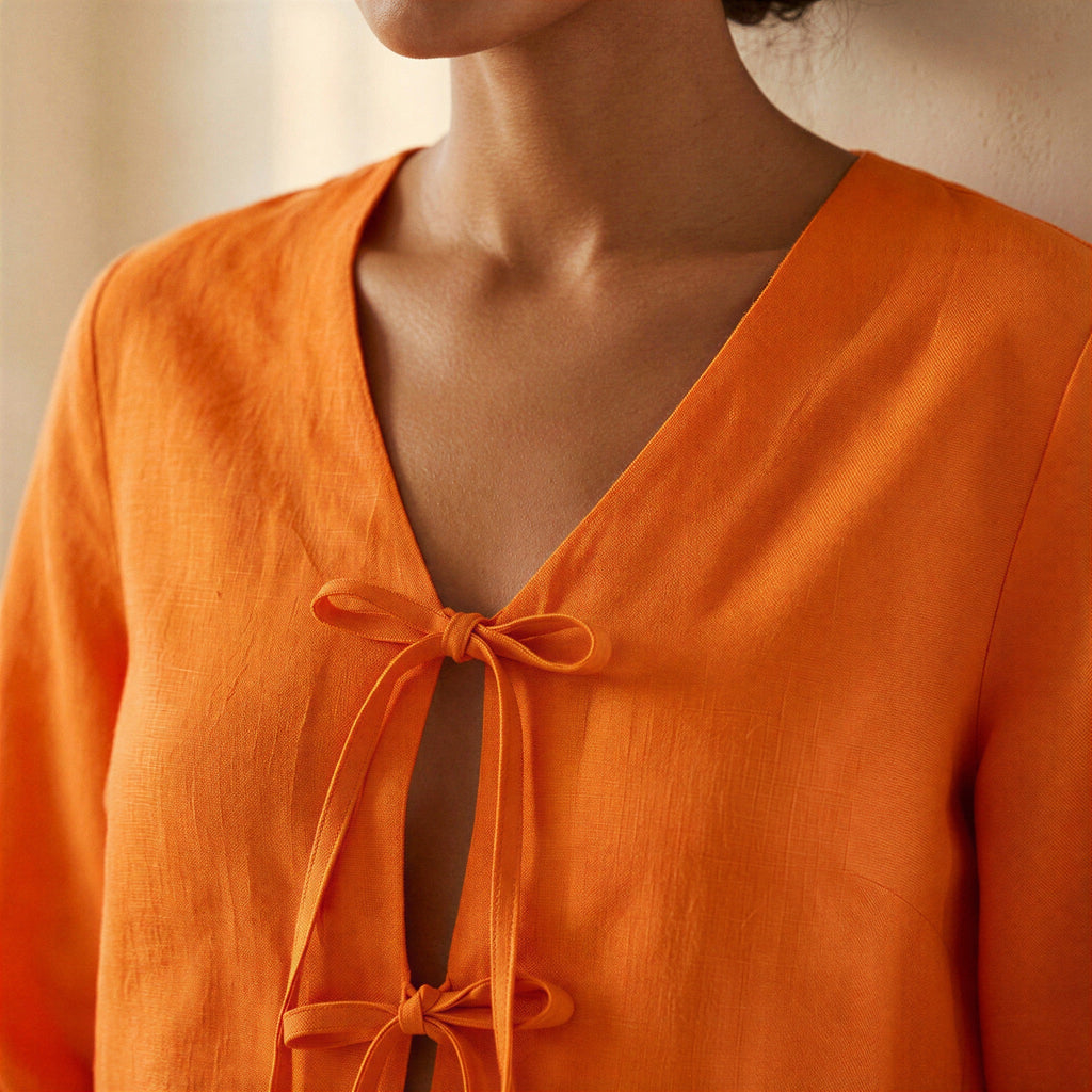 Orange Cotton Poplin Tie-Front Blouse