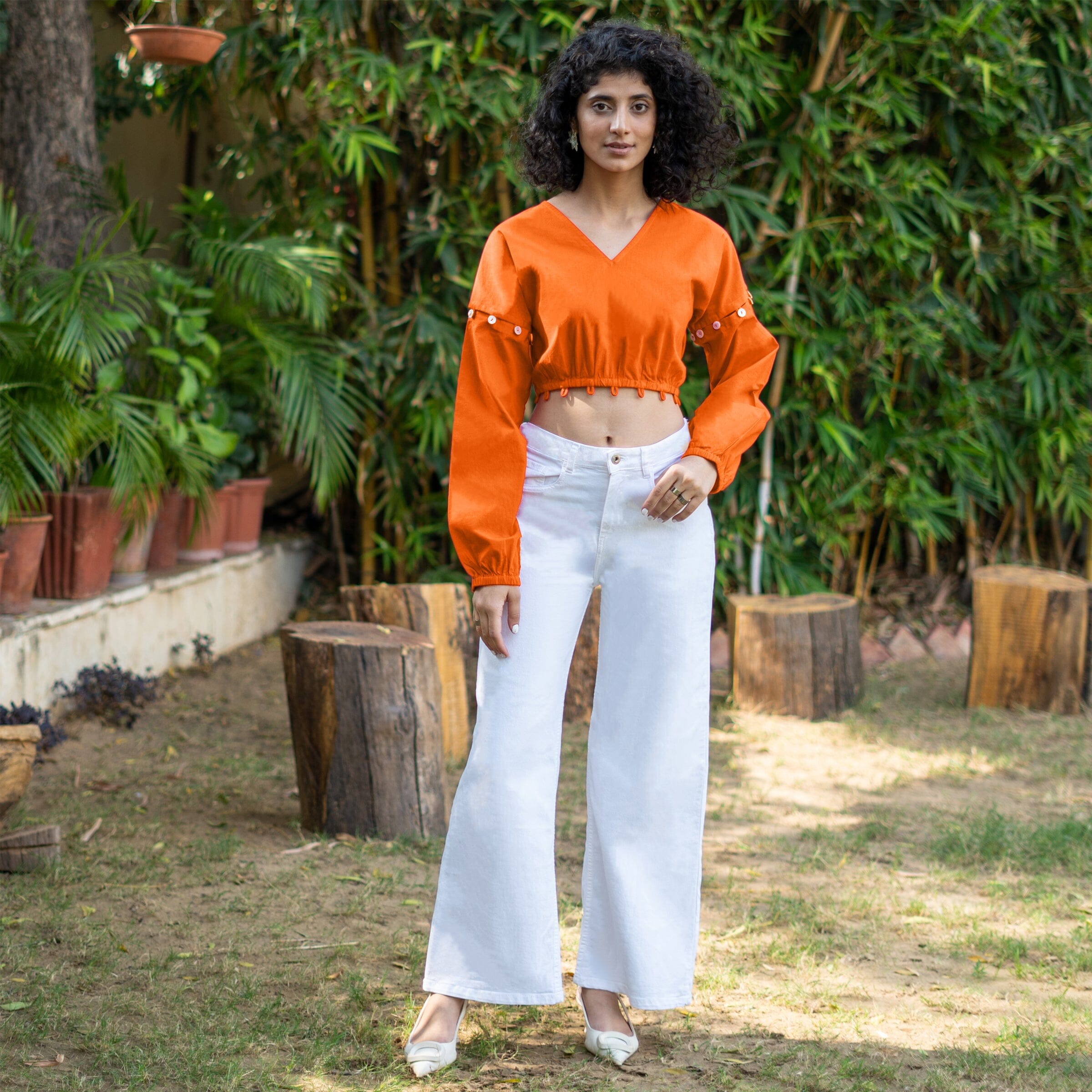 Orange Cotton Poplin V-Neck Infinity Midi Dress
