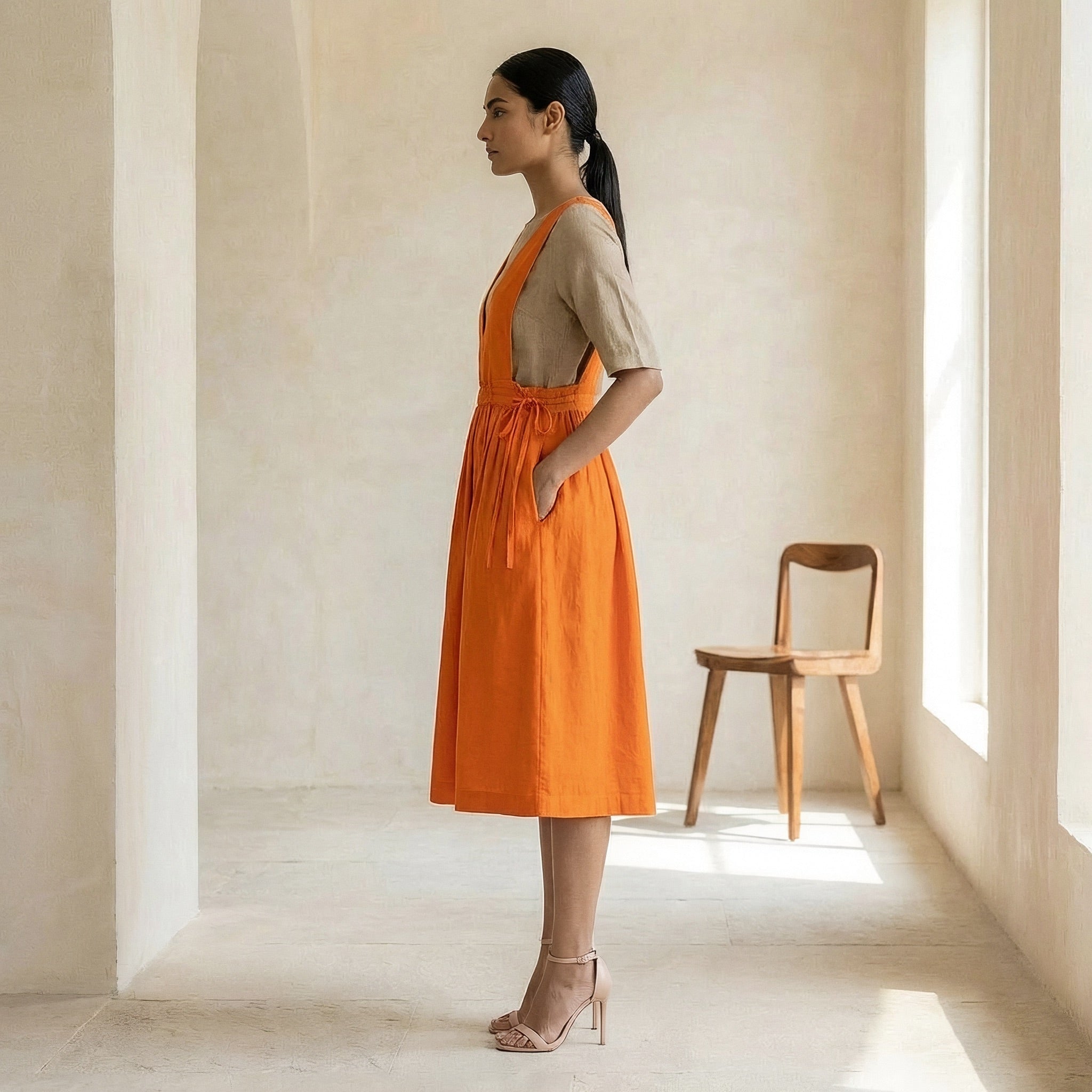 Orange Cotton Poplin V-Neck Pinafore Midi Wrap Dress