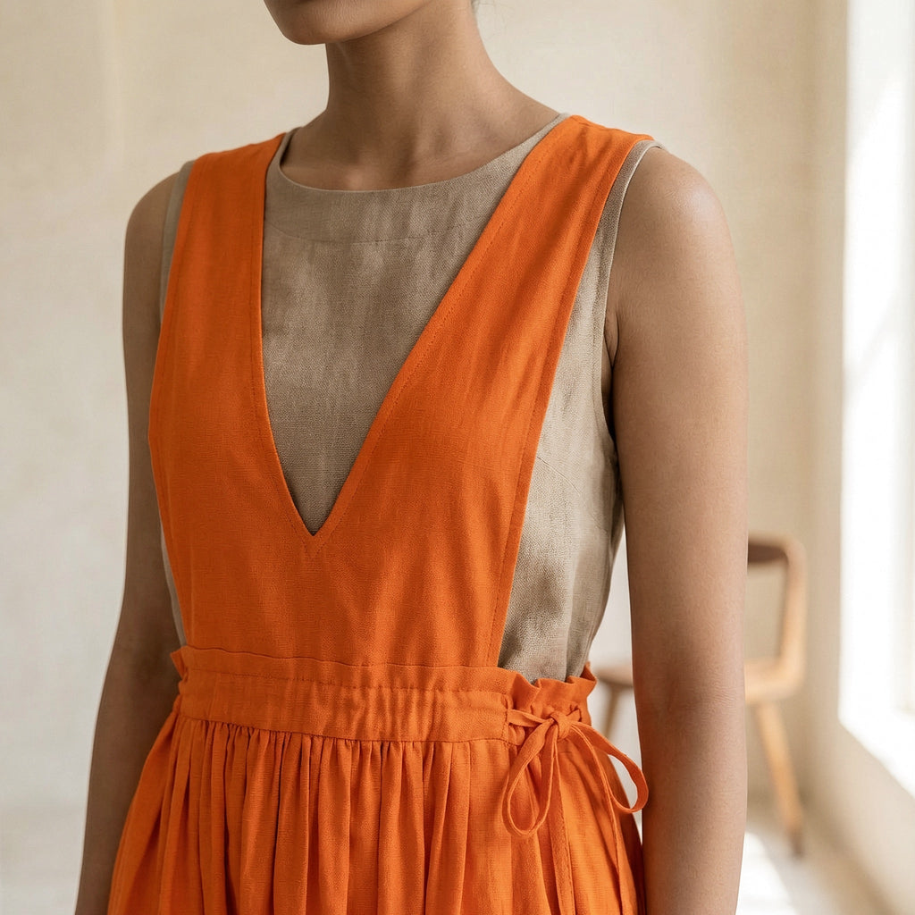 Orange Cotton Poplin V-Neck Pinafore Midi Wrap Dress