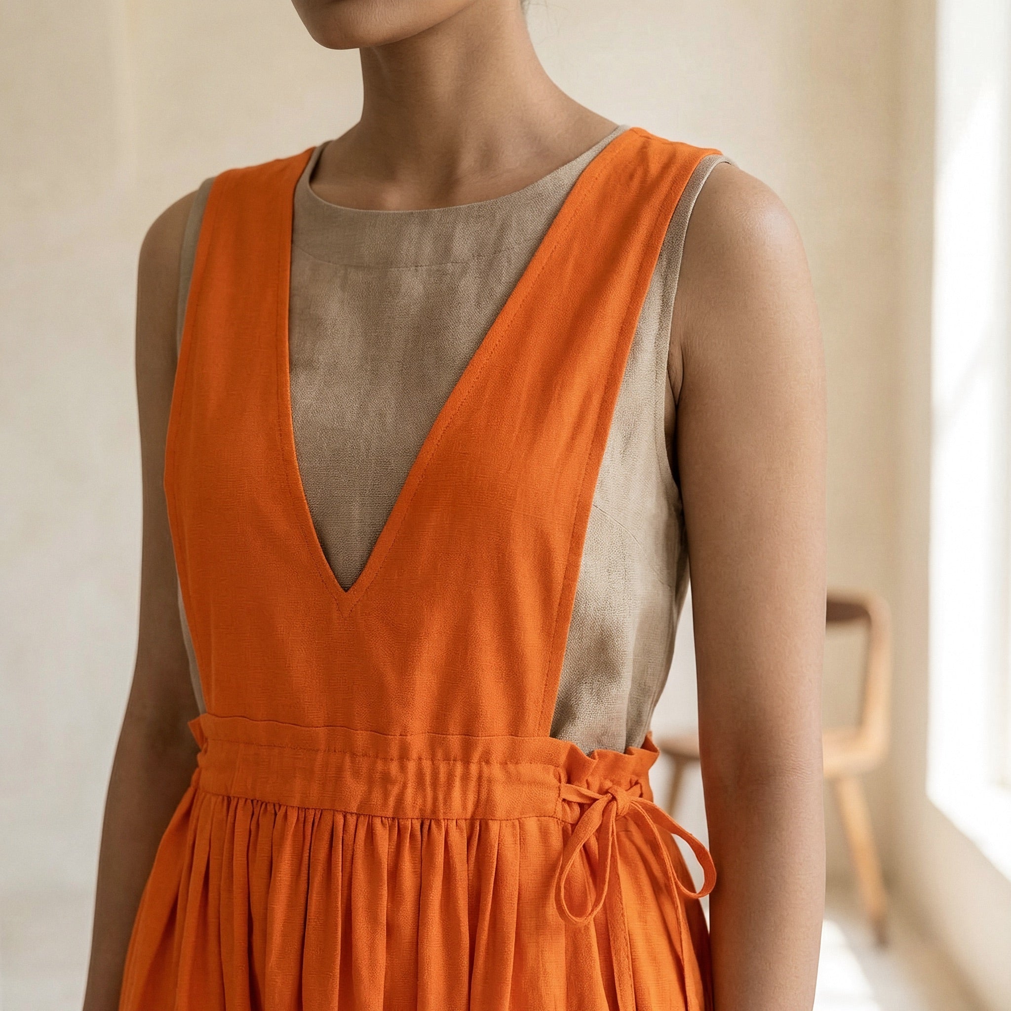 Orange Cotton Poplin V-Neck Pinafore Midi Wrap Dress