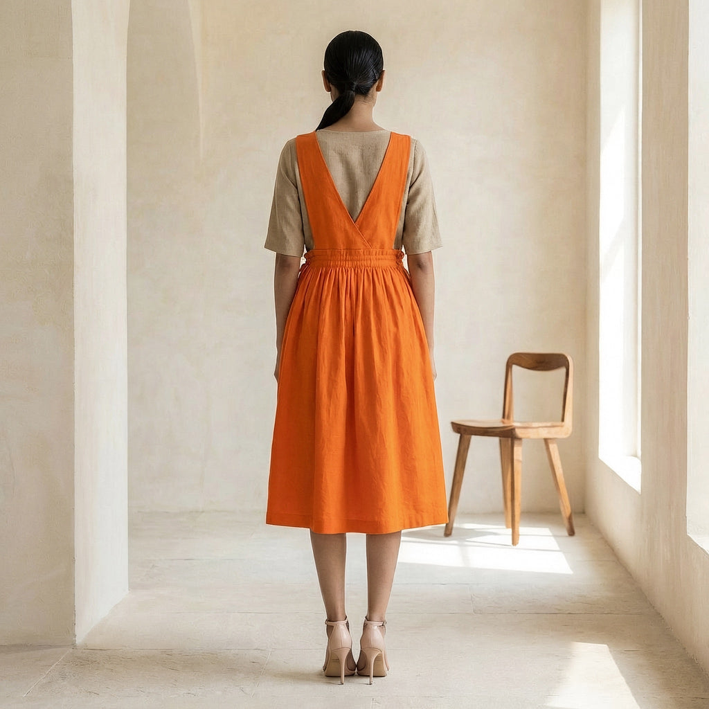 Orange Cotton Poplin V-Neck Pinafore Midi Wrap Dress