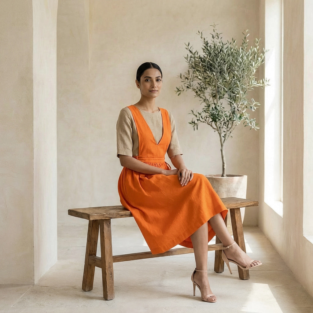 Orange Cotton Poplin V-Neck Pinafore Midi Wrap Dress