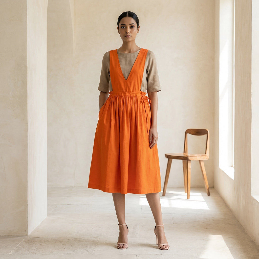 Orange Cotton Poplin V-Neck Pinafore Midi Wrap Dress