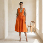 Orange Cotton Poplin V-Neck Pinafore Midi Wrap Dress