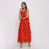 Front View of a Model Wearing Orange Dabu Block Print 100% Cotton Maxi Dress