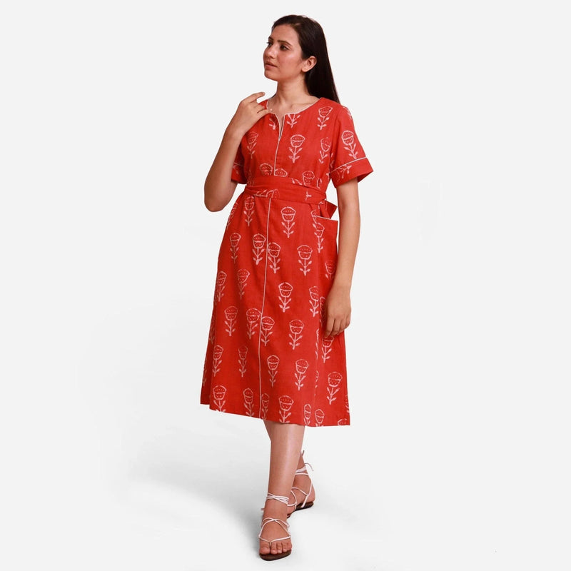 Front View of a Model wearing Orange Dabu Block Print A-Line Midi Dress