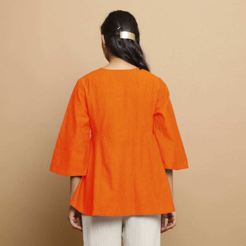 Orange Embroidered Cotton Poplin Asymmetrical Godet Top