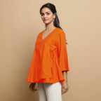 Orange Embroidered Cotton Poplin Asymmetrical Godet Top