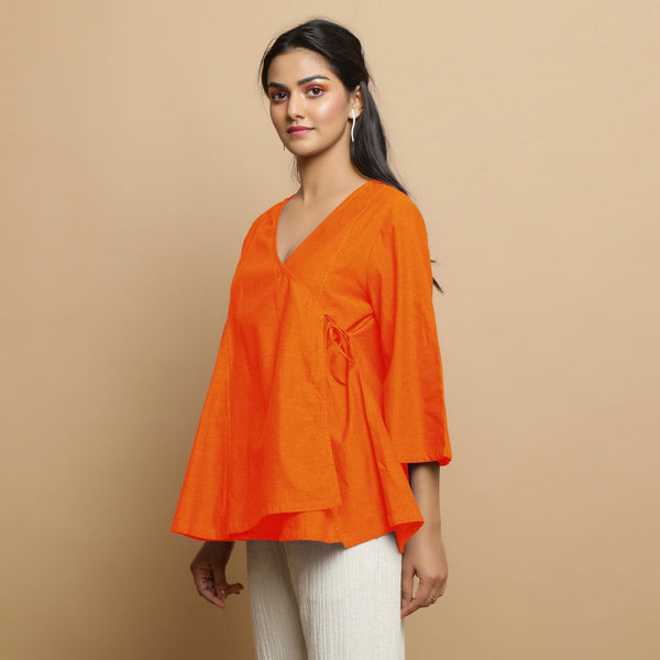 Orange Embroidered Cotton Poplin Asymmetrical Godet Top