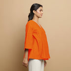 Orange Embroidered Cotton Poplin Asymmetrical Godet Top