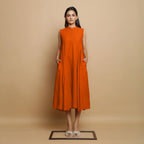 Orange Hand-Embroidered Cotton Poplin Sleeveless Midi Dress