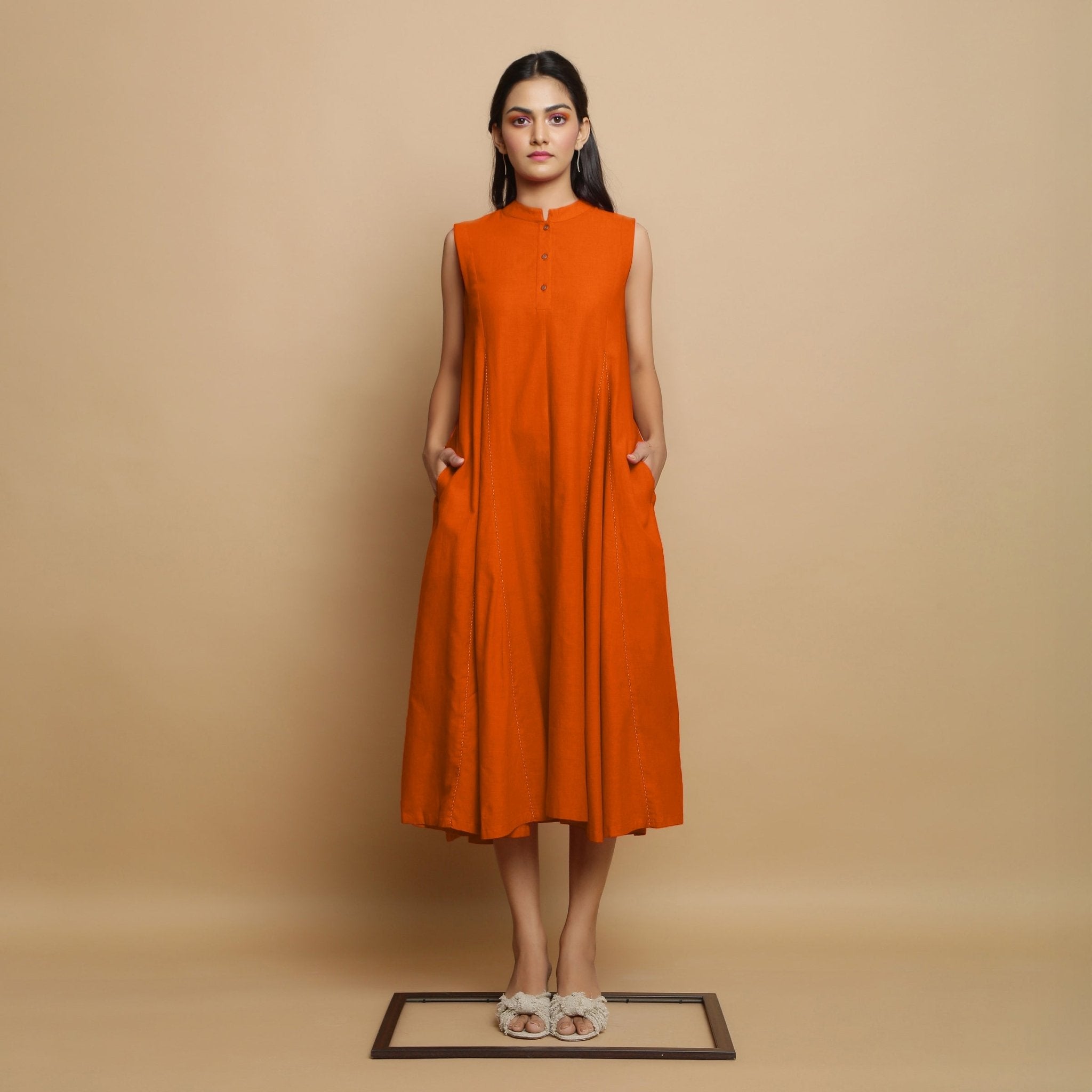 Orange Hand-Embroidered Cotton Poplin Sleeveless Midi Dress