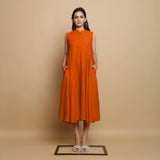 Orange Hand-Embroidered Cotton Poplin Sleeveless Midi Dress