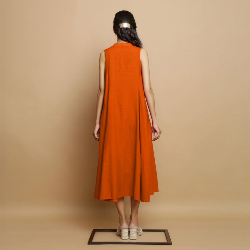 Orange Hand-Embroidered Cotton Poplin Sleeveless Midi Dress