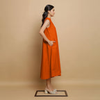 Orange Hand-Embroidered Cotton Poplin Sleeveless Midi Dress