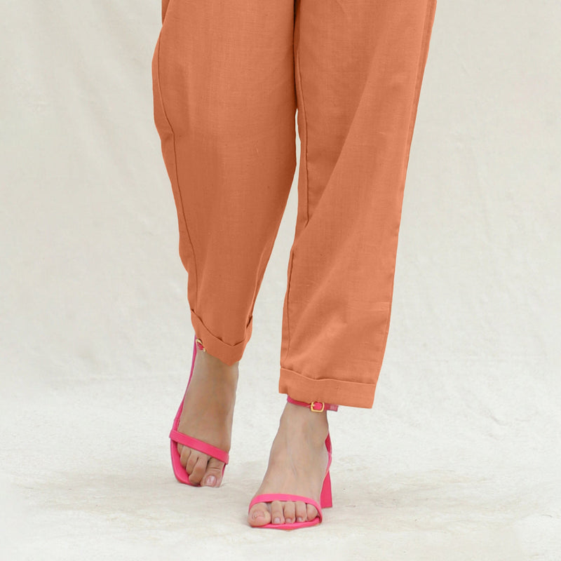 Orange Handspun Cotton High-Rise Elasticated Paperbag Pant