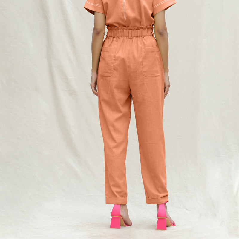 Orange Handspun Cotton High-Rise Elasticated Paperbag Pant