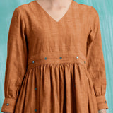 Orange Handspun Cotton V-Neck Gathered Short Dress